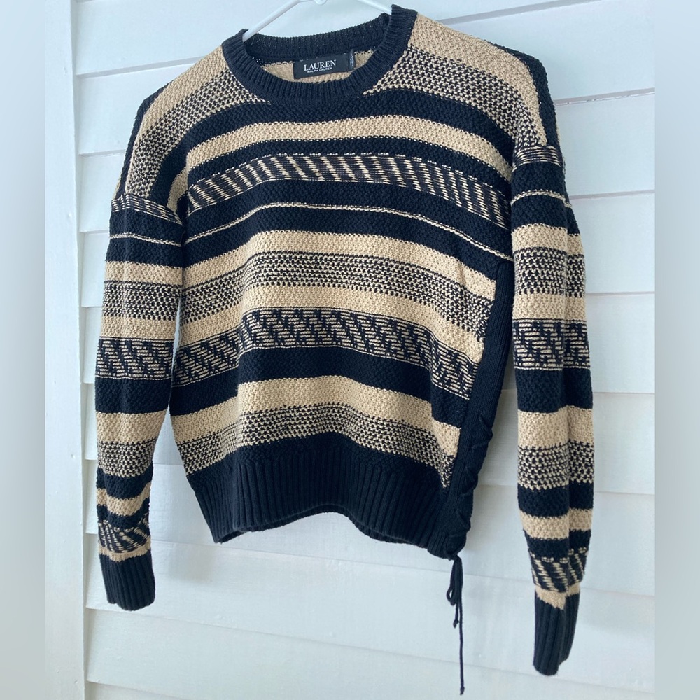 Lauren Ralph Lauren | Black & Tan Striped Linen Blend Sweater Petite Small - Picture 3 of 6